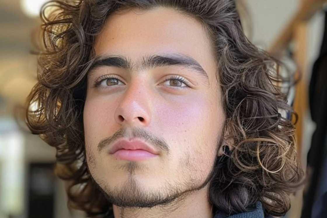A man is rocking a shoulder-length curly hair A man is rocking a shoulder-length curly hair
