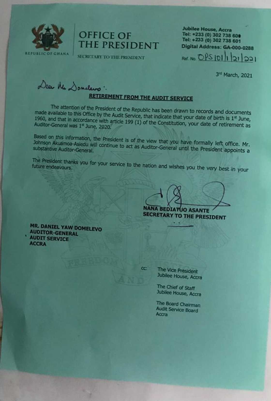 Thanks for your service; you are now retired – Akufo-Addo tells Domelevo Thanks for your service; you are now retired – Akufo-Addo tells Domelevo