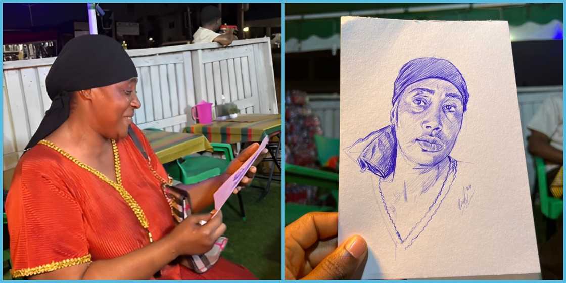 Ghanaian woman happy as she receives a drawing of herself from artist