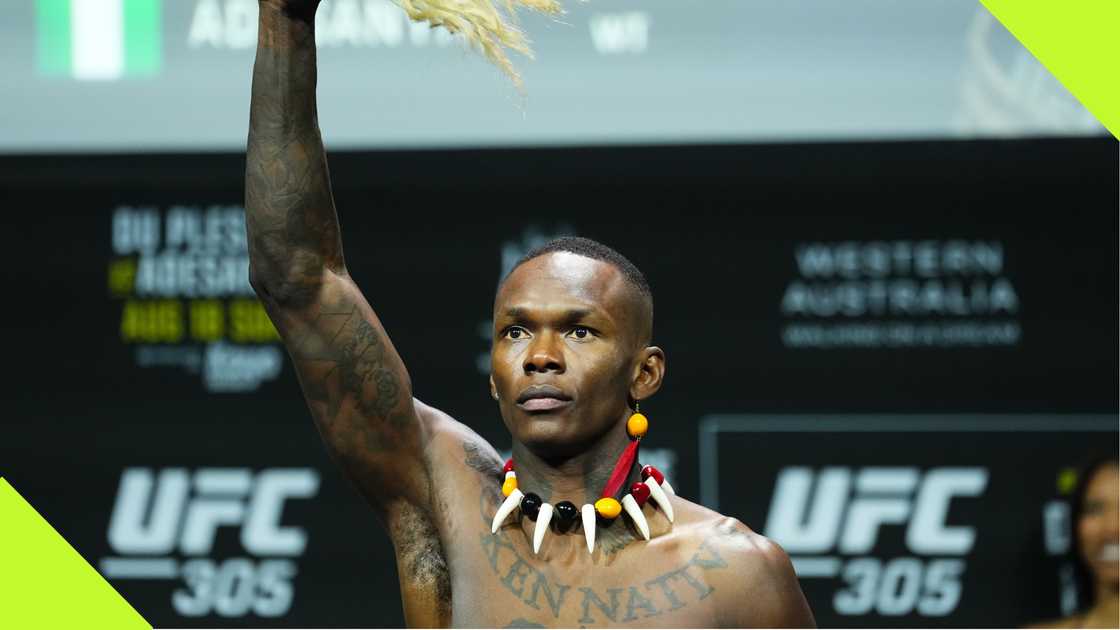 Israel Adesanya during the weighing session ahead of his fight against Dricus Du Plessis.