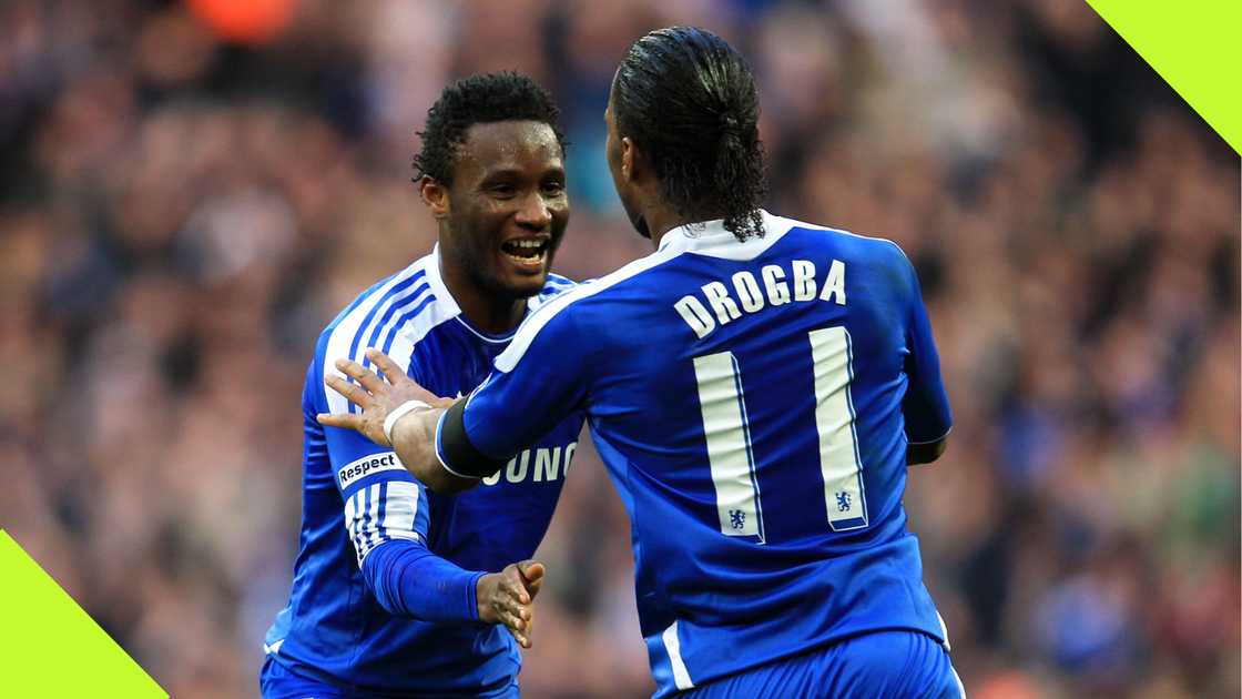 Mikel Obi and Didier Drogba during Chelsea's 5-1 FA Cup win over Tottenham in 2012. Mikel Obi and Didier Drogba during Chelsea's 5-1 FA Cup win over Tottenham in 2012.