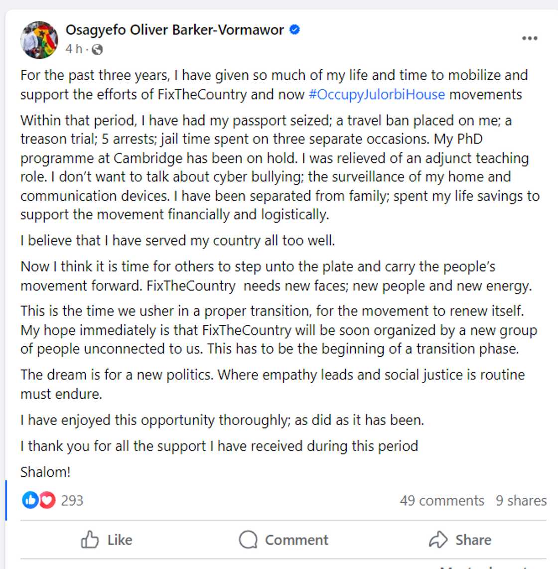 Oliver Barker-Vormawor Steps Back From FixTheCountry And OccupyJulorbiHouse Activities After 3 Years Oliver Barker-Vormawor Steps Back From FixTheCountry And OccupyJulorbiHouse Activities After 3 Years