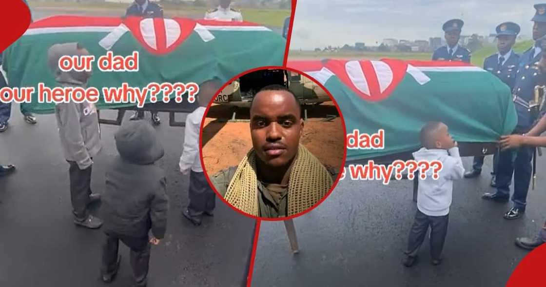 George Magondu's heartbroken kids (in both frames) touching his casket, insert shows pilot Magondu posing next to a chopper.