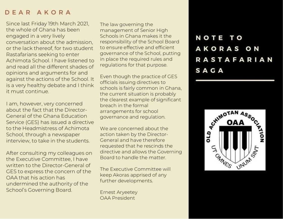 Achimota School: Old students and authorities reject GES directive -to admit Rastafarian students Achimota School: Old students and authorities reject GES directive -to admit Rastafarian students