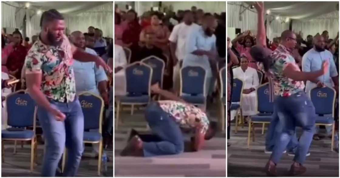 Man displays weird moves in church. Man displays weird moves in church.