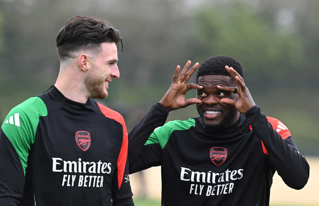 Declan Rice and Thomas Partey of Arsenal during a training session on April 15, 2025 ahead of the Real Madrid vs Arsenal UEFA Champions League QF second leg match Declan Rice and Thomas Partey of Arsenal during a training session on April 15, 2025 ahead of the Real Madrid vs Arsenal UEFA Champions League QF second leg match