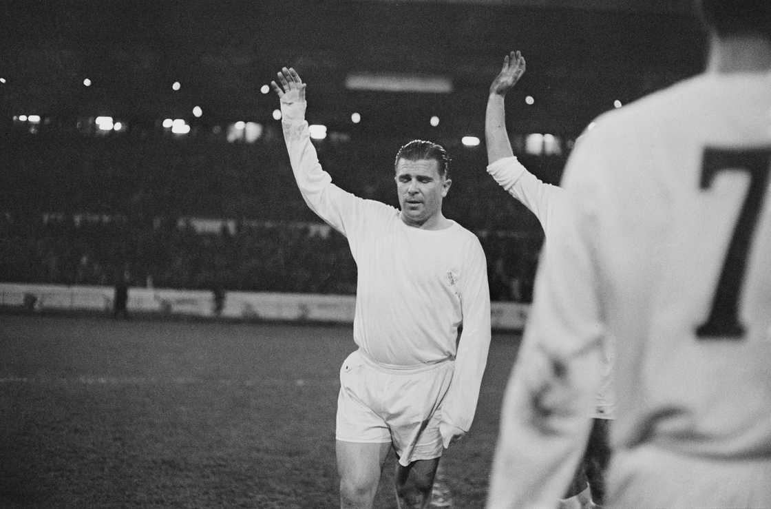 Hungarian footballer Ferenc Puskas (1927 - 2006) of Real Madrid leads the team out to play Chelsea at Stamford Bridge, London, 22nd November 1966 Hungarian footballer Ferenc Puskas (1927 - 2006) of Real Madrid leads the team out to play Chelsea at Stamford Bridge, London, 22nd November 1966