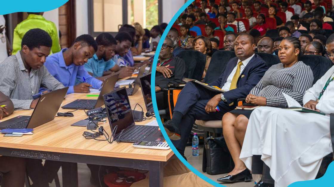 KNUST students using laptops in the exam centre and KNUST staff and students listening to a speech in the conference hall KNUST students using laptops in the exam centre and KNUST staff and students listening to a speech in the conference hall