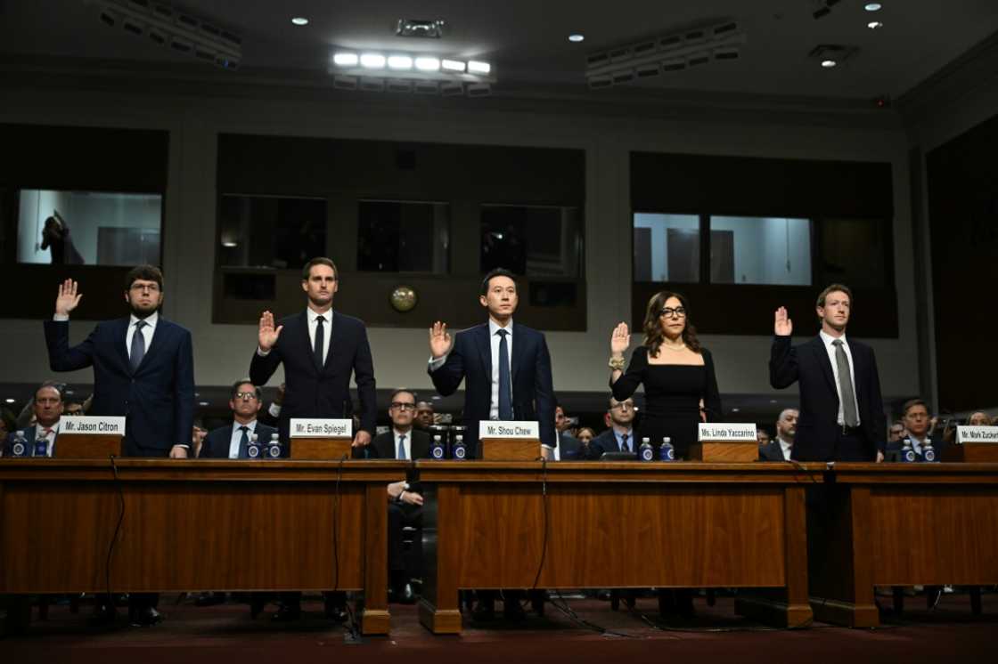 CEOs Jason Citron of Discord, Evan Spiegel of Snap, Shou Zi Chew of TikTok, Linda Yaccarino of X and Mark Zuckerberg of Meta are sworn in during a US Senate Judiciary Committee hearing CEOs Jason Citron of Discord, Evan Spiegel of Snap, Shou Zi Chew of TikTok, Linda Yaccarino of X and Mark Zuckerberg of Meta are sworn in during a US Senate Judiciary Committee hearing