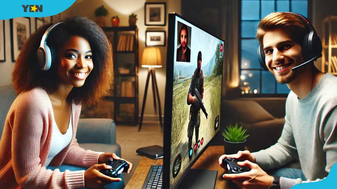 A couple in a long-distance relationship playing an online game A couple in a long-distance relationship playing an online game