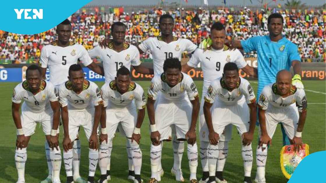 Agyemang Badu lines up with Black Stars teammates. Agyemang Badu lines up with Black Stars teammates.