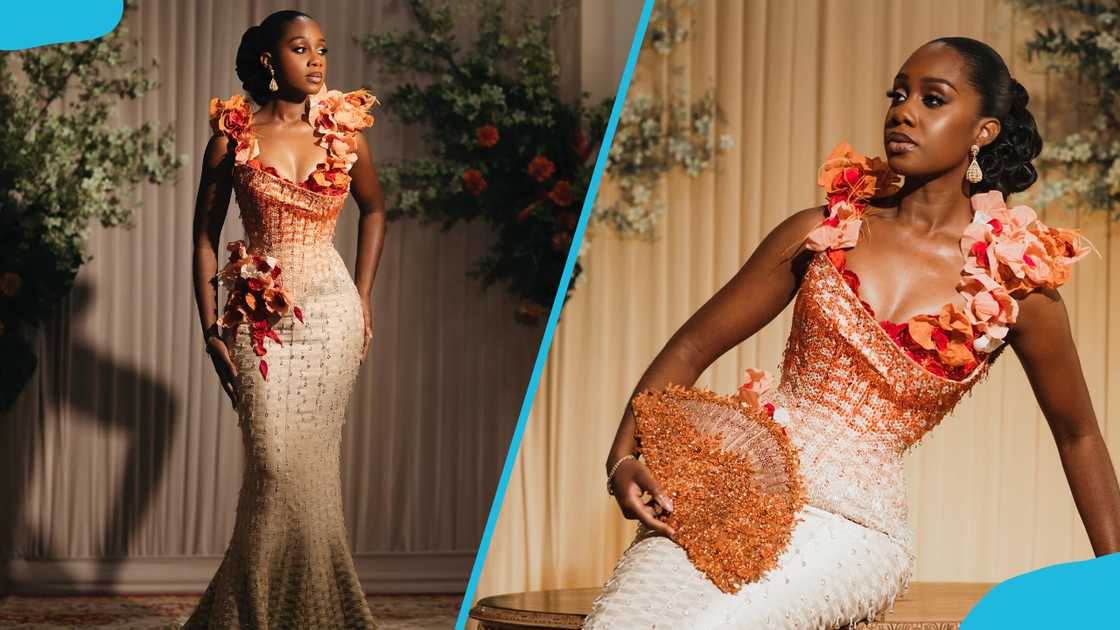 Fully beaded kente gown with hand-moulded flower details Fully beaded kente gown with hand-moulded flower details