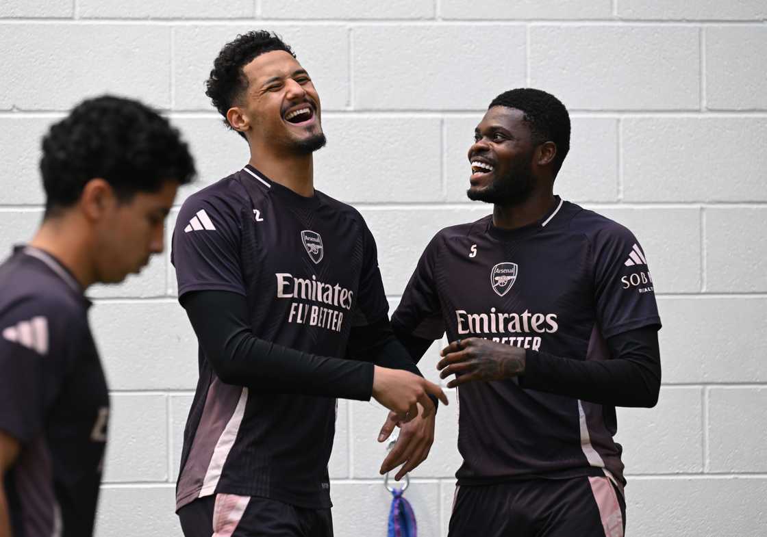 William Saliba and Thomas Partey of Arsenal during a training session at Sobha Realty Training Centre on March 28, 2025 in London Colney, England William Saliba and Thomas Partey of Arsenal during a training session at Sobha Realty Training Centre on March 28, 2025 in London Colney, England