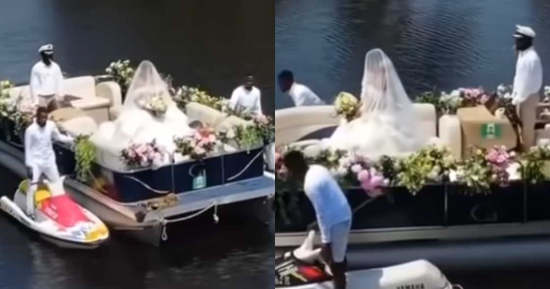 Bride arrives at her wedding venue on a boat Bride arrives at her wedding venue on a boat