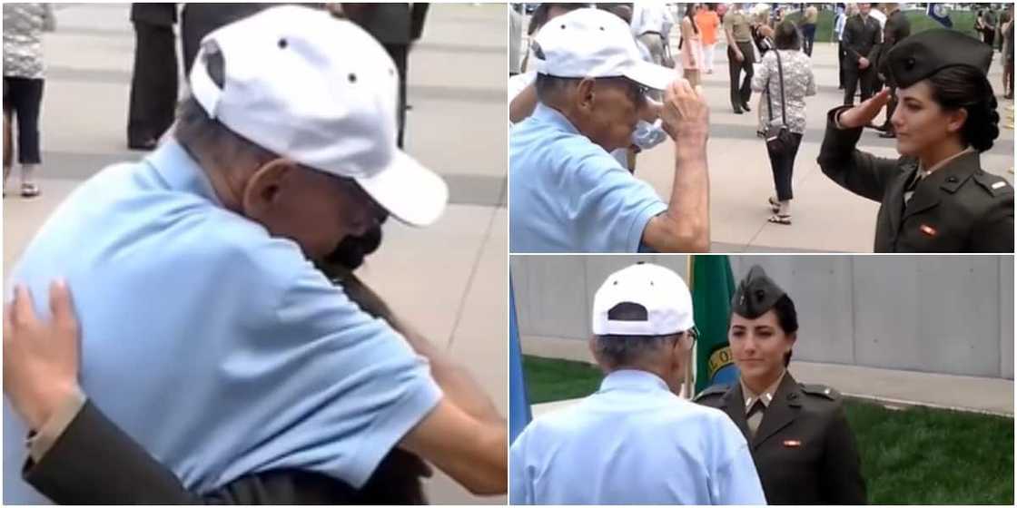 The granddad and his granddaughter hugged tightly after the salute.