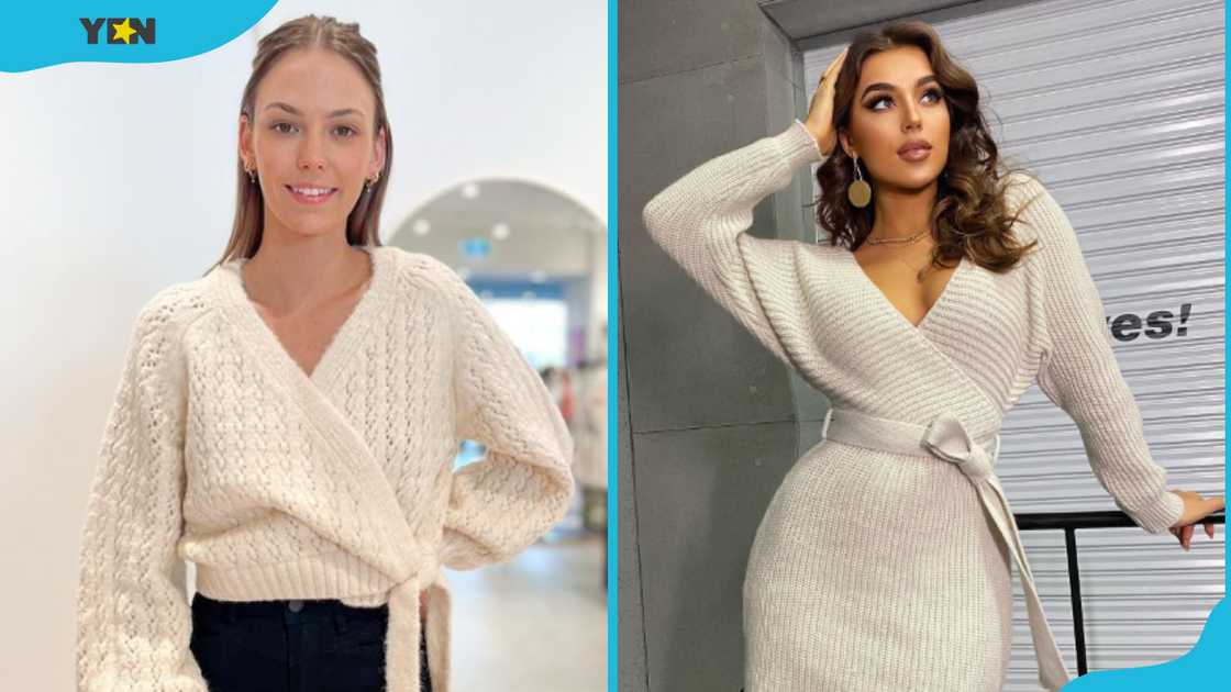 Two ladies wearing long and short wrap sweaters Two ladies wearing long and short wrap sweaters