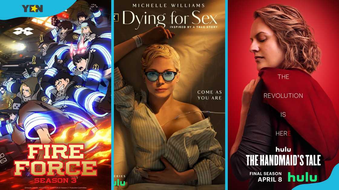 Fire Force Season 3 (L), Dying for Sex (C), The Handmaid's Tale Season 6 (R) promotional posters. Fire Force Season 3 (L), Dying for Sex (C), The Handmaid's Tale Season 6 (R) promotional posters.