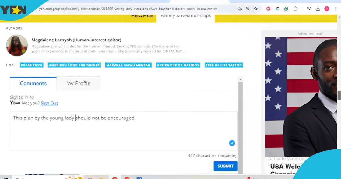 Photo of a comment feature on the YEN.com.gh website