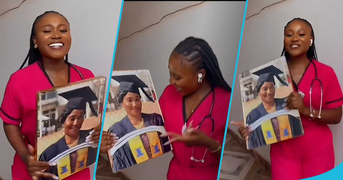 Ghanaian nurse celebrates her graduation by holding late mum's portrait.