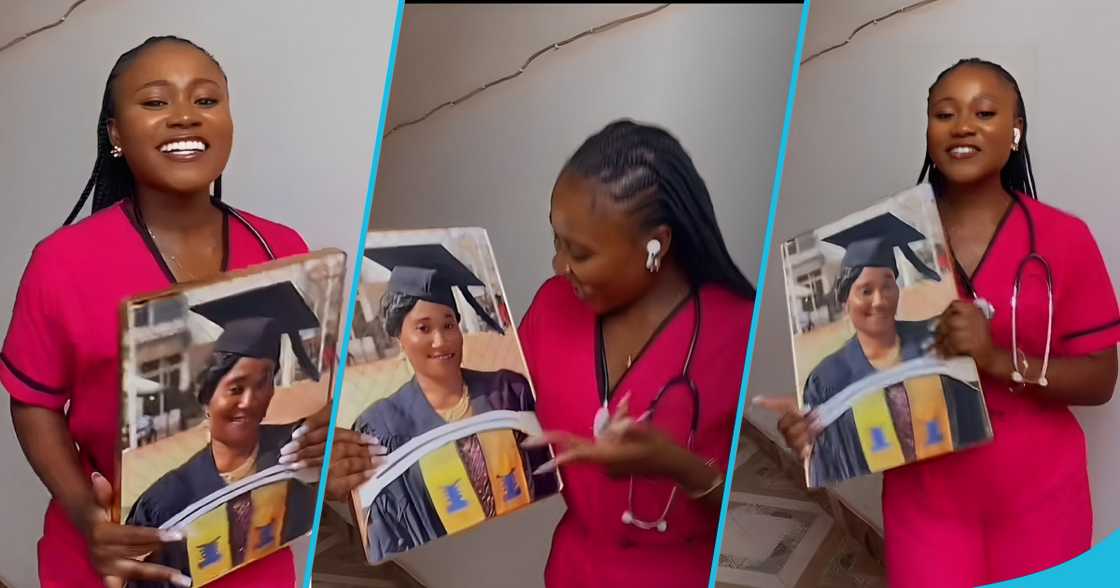 Ghanaian nurse celebrates her graduation by holding late mum's portrait. Ghanaian nurse celebrates her graduation by holding late mum's portrait.