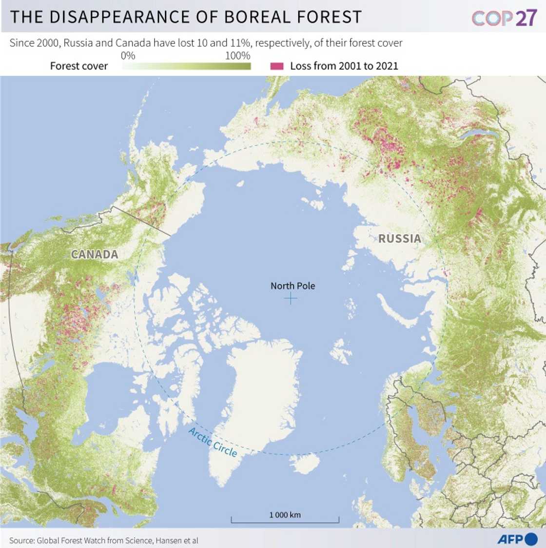 Map of the Earth's northern hemisphere showing the loss of forest cover since 2000 Map of the Earth's northern hemisphere showing the loss of forest cover since 2000