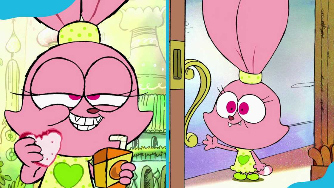 Panini holding a juice box and cookie (L) and smiling while holding a door open (R).