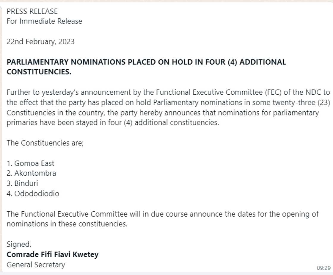 The NDC announced suspension of parliamentary primaries at 4 more constituencies on February 22, 2023. The NDC announced suspension of parliamentary primaries at 4 more constituencies on February 22, 2023.