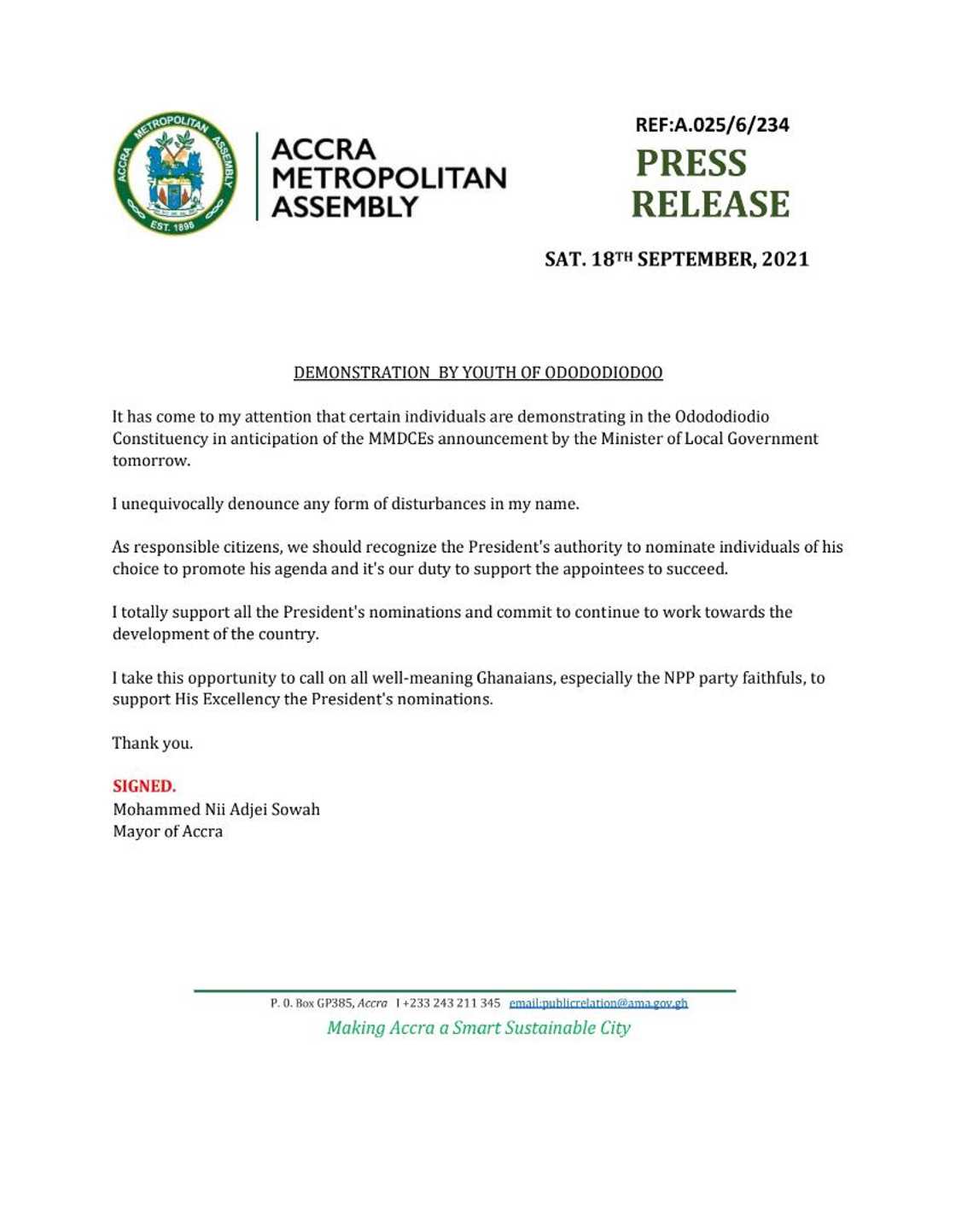 Accra Mayor confirms he will be replaced; begs supporters to respect Akufo-Addo's decision Accra Mayor confirms he will be replaced; begs supporters to respect Akufo-Addo's decision