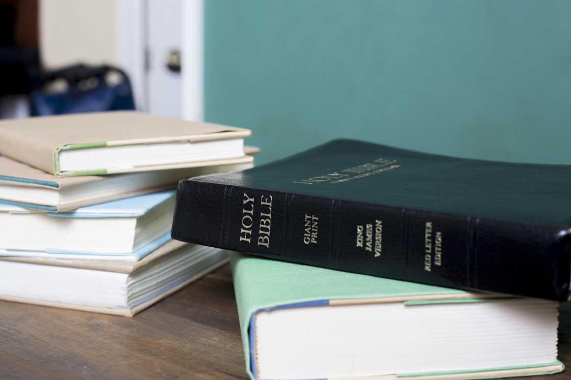 Stack of books with a black Holy Bible on top. Stack of books with a black Holy Bible on top.