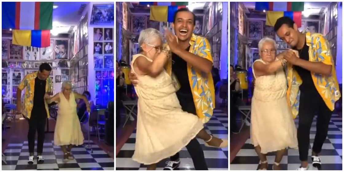 Stunning video as old woman drops walking aid to dance with young man, steals show with footworks Stunning video as old woman drops walking aid to dance with young man, steals show with footworks