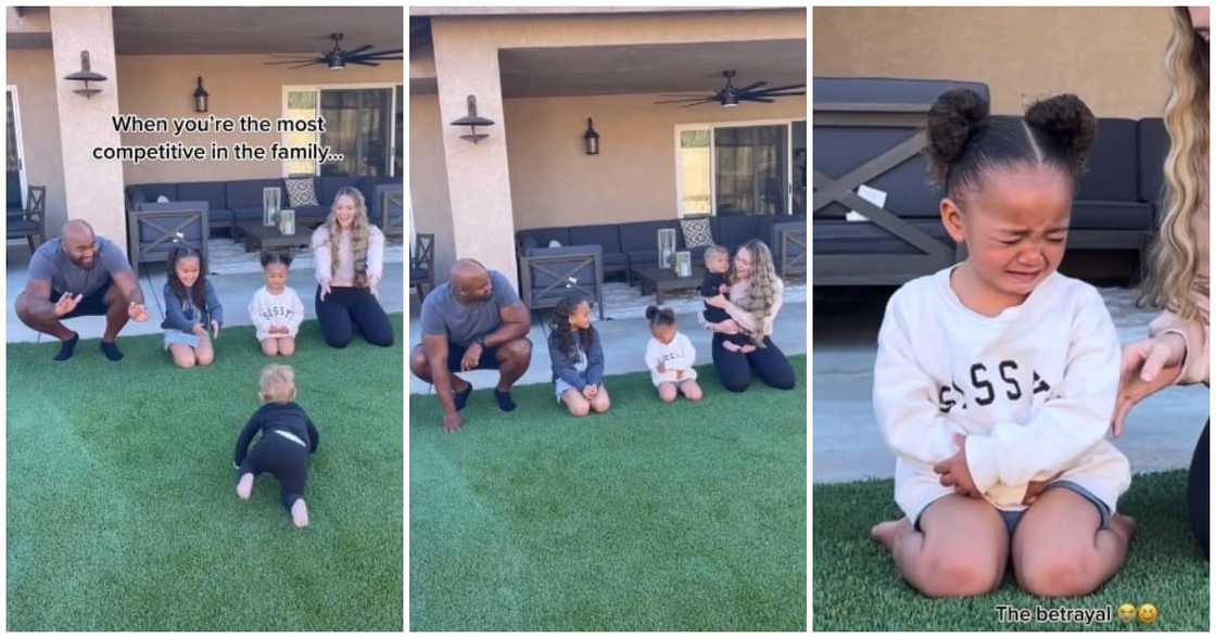 Family game, little girl sheds tears, baby bro picks mum