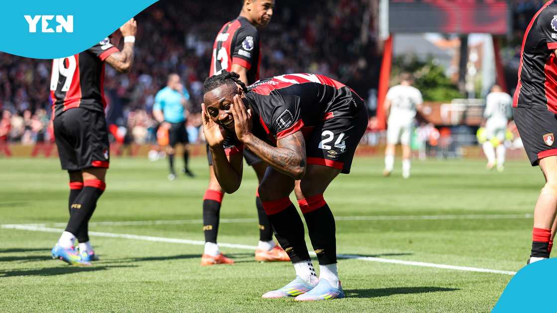 Ghana's Antoine Semenyo of Bournemouth celebrates after scoring against Manchester United in the PL 1-1 draw on April 27, 2025 at Vitality Stadium Ghana's Antoine Semenyo of Bournemouth celebrates after scoring against Manchester United in the PL 1-1 draw on April 27, 2025 at Vitality Stadium