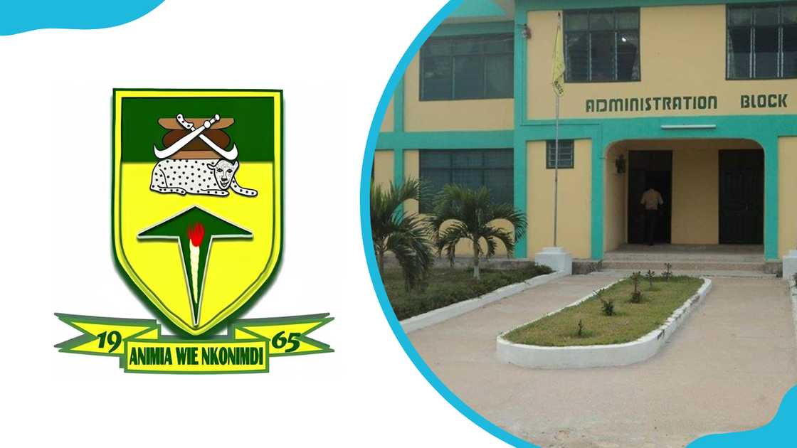 The Assin Manso SHS's logo (L) and administration block (R). The Assin Manso SHS's logo (L) and administration block (R).