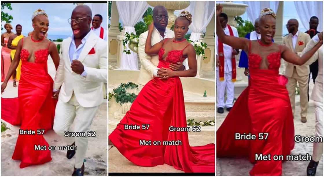 Bride in red wedding gown.