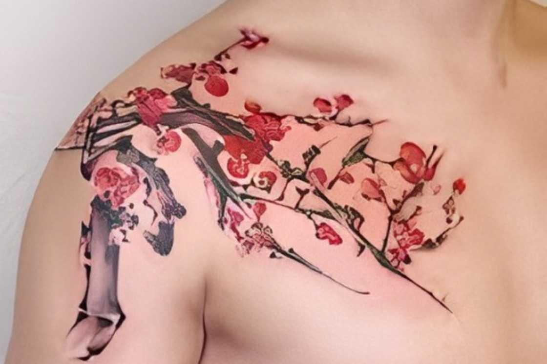 Chinese cherry blossoms tattoo on the shoulder