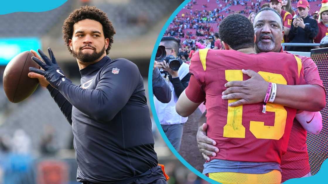 Caleb Williams warms up before an NFL football game (L) and hugs his father at the Los Angeles Memorial Coliseum (R)