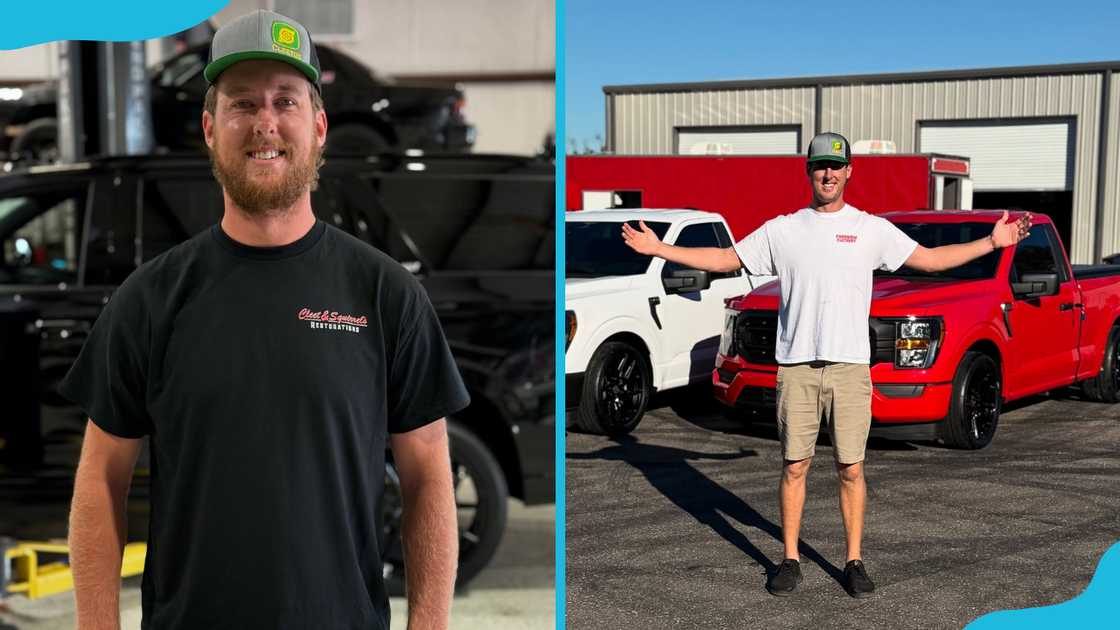 YouTuber Lawrence "Cleetus McFarland" Garrett Mitchell poses next to his trucks. YouTuber Lawrence "Cleetus McFarland" Garrett Mitchell poses next to his trucks.