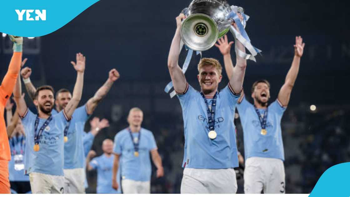 Kevin De Bruyne celebrates Manchester City's UEFA Champions League win in 2023. Kevin De Bruyne celebrates Manchester City's UEFA Champions League win in 2023.
