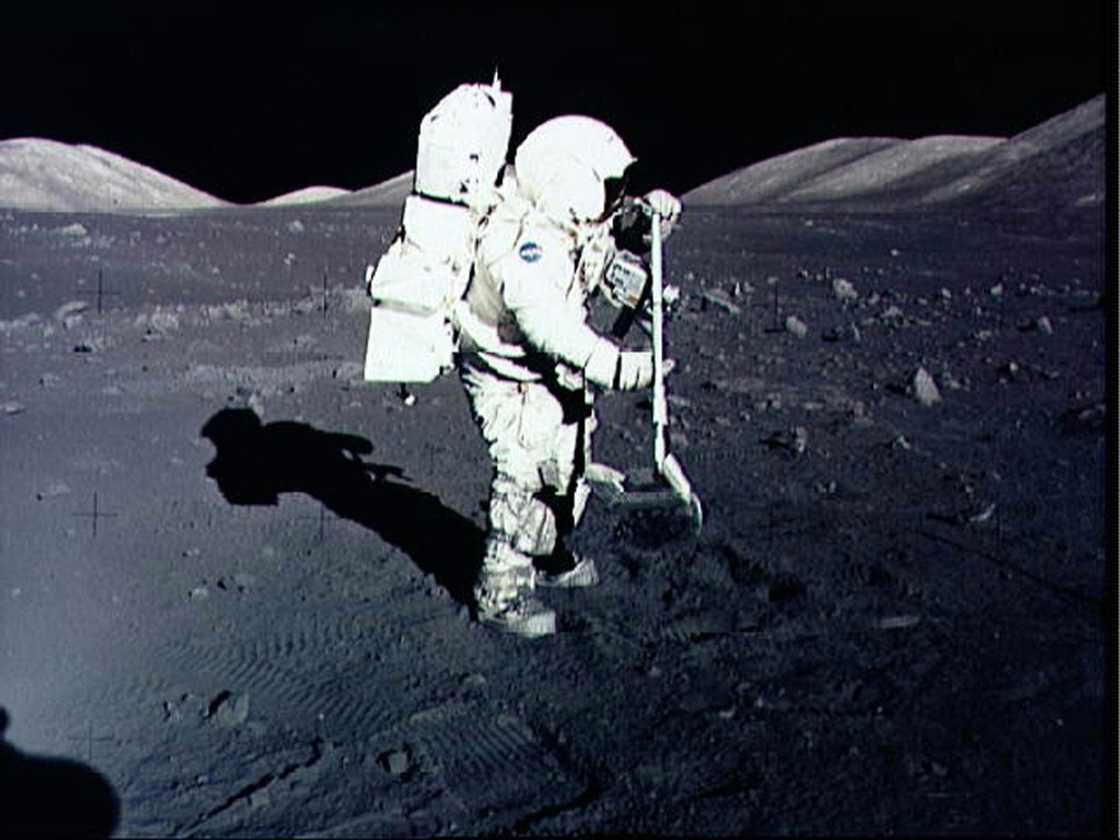 Astronaut Harrison Schmitt collects lunar rake samples at the Taurus-Littrow landing site on the moon during the Apollo 17 mission, America's last lunar landing Astronaut Harrison Schmitt collects lunar rake samples at the Taurus-Littrow landing site on the moon during the Apollo 17 mission, America's last lunar landing