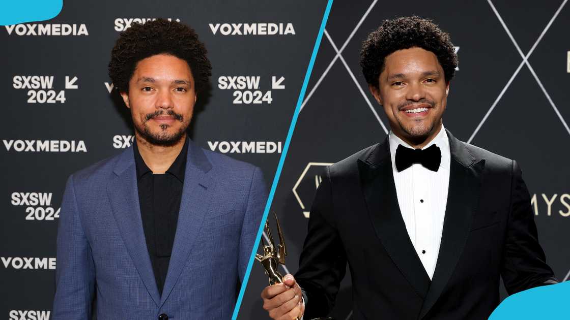 Trevor Noah at Vox Media Podcast Stage in Austin, Texas (L) and with an award during the 75th Primetime Emmy Awards (R). Trevor Noah at Vox Media Podcast Stage in Austin, Texas (L) and with an award during the 75th Primetime Emmy Awards (R).
