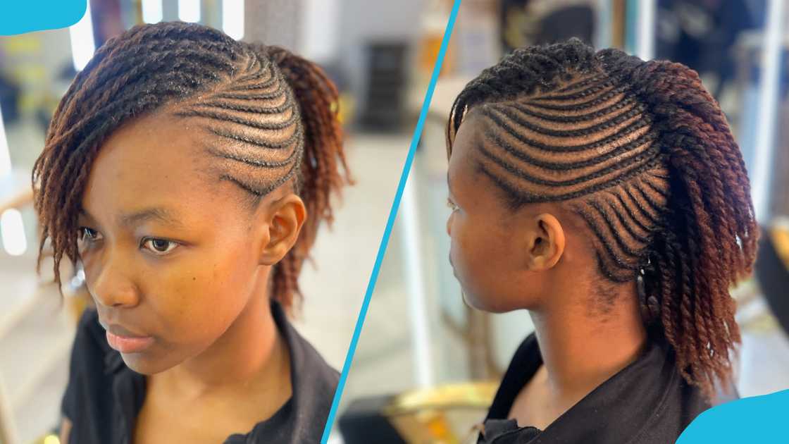 A young lady wearing Mohawk kinky with cornrows A young lady wearing Mohawk kinky with cornrows