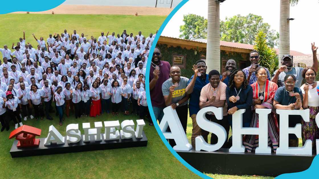 Ashesi University﻿ staff and students standing in front of an Ashesi University﻿ banner