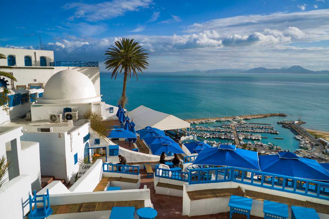 Scenic view at the seaside cafe in the town of Sidi Bou Said, Tunisia