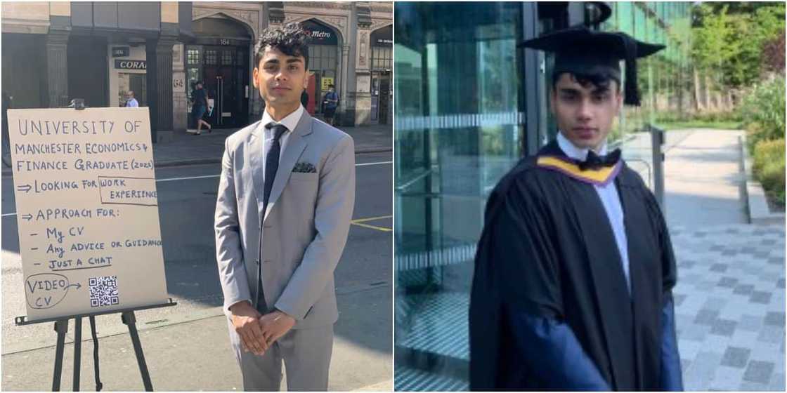 Oyinbo graduate from top UK university wears suit as he takes to street under hot sun to beg for job, carries board Oyinbo graduate from top UK university wears suit as he takes to street under hot sun to beg for job, carries board