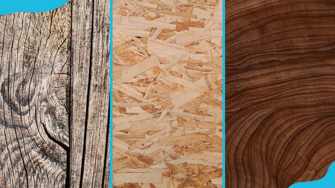 Types of wood for furniture: pine wood (L), engineered wood (C) and hard wood (R).