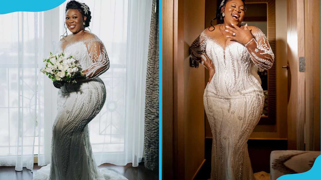 Corseted beaded mermaid gown with sheer neckline and sleeves Corseted beaded mermaid gown with sheer neckline and sleeves