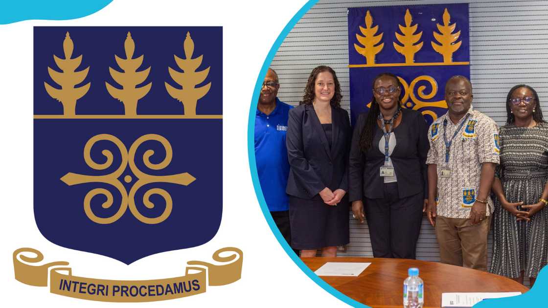 The University of Ghana logo and members of staff standing in front of the logo