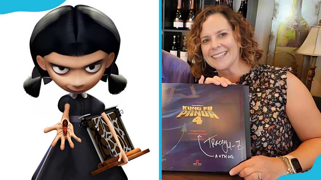 Lizzy holding an ant (L) and her voice actress, Tracey Miller-Zarneke (R).