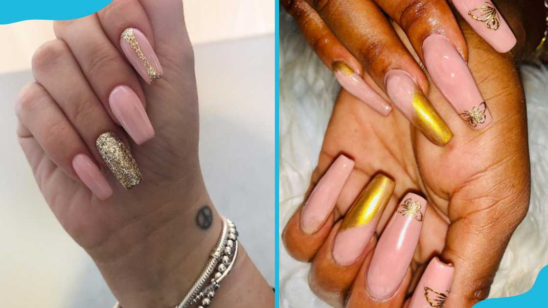 Neutral and gold coffin nails Neutral and gold coffin nails