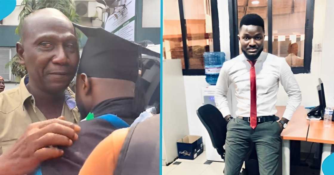 Emotional moment, proud father, graduation ceremony, first degree, tears of joy Emotional moment, proud father, graduation ceremony, first degree, tears of joy